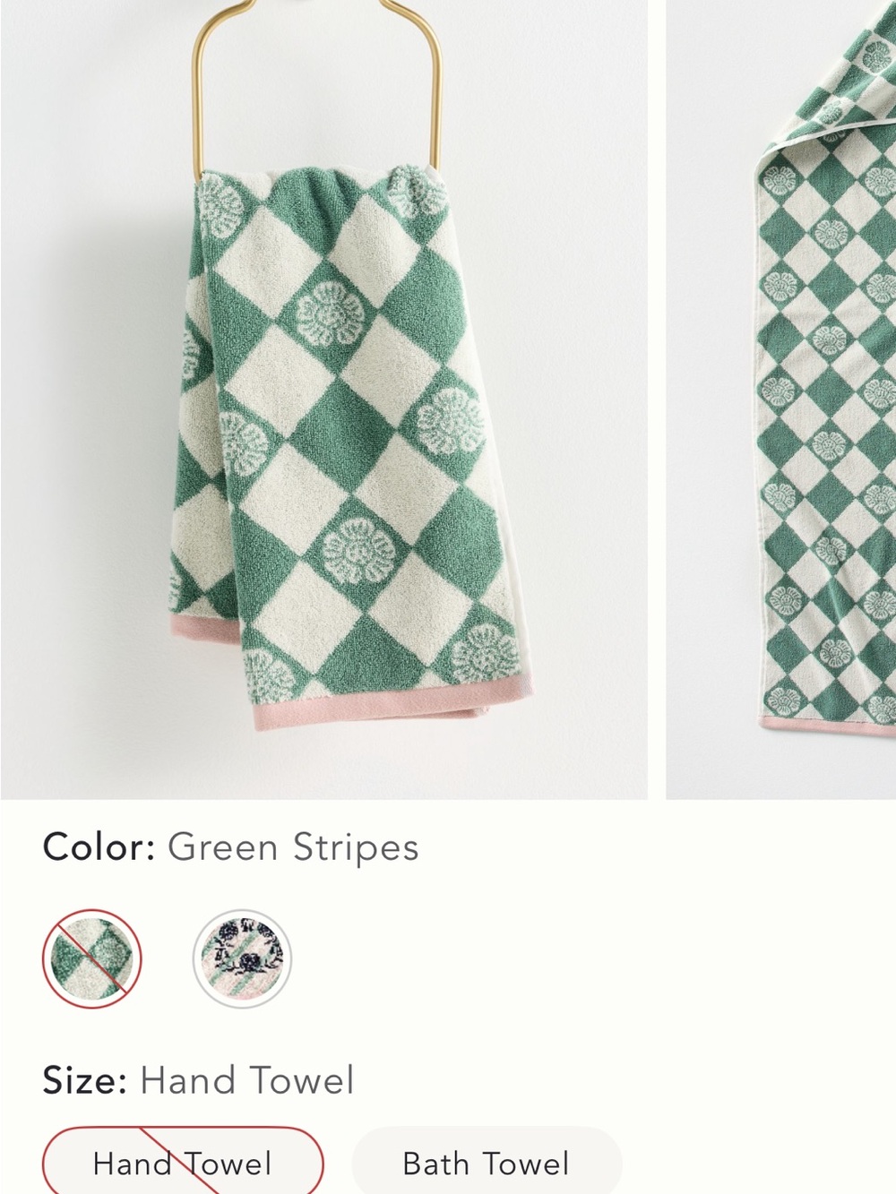 Anthropologie Hand Towel - Green Check Pattern with Pink Trim